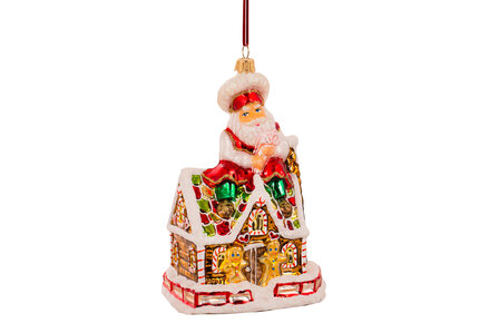 Huras ornament: Kerstman op gingerbread huis